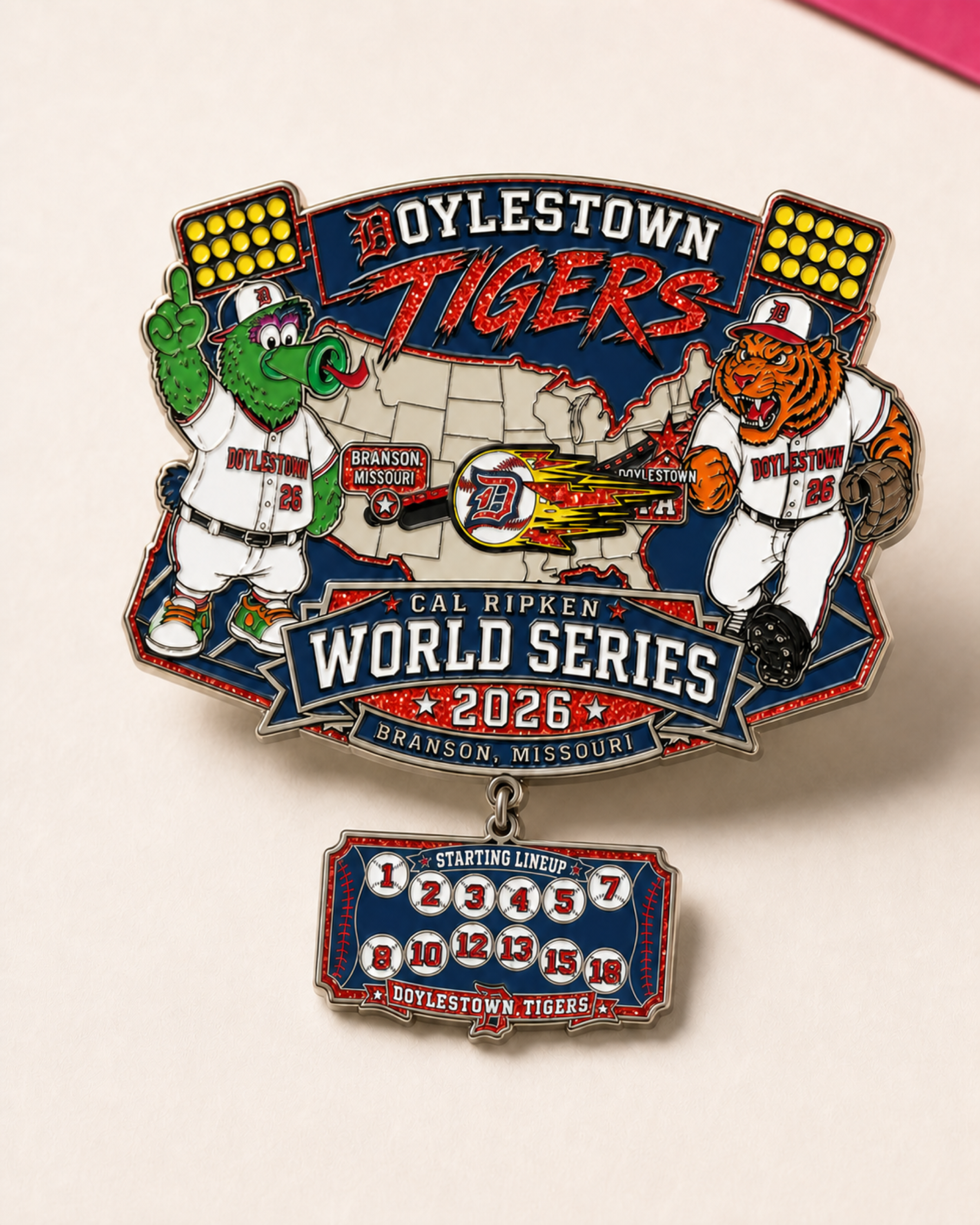 Art-directed portrait visualization of the Doylestown Tigers enamel pin and its numbered lineup dangle on warm paper.