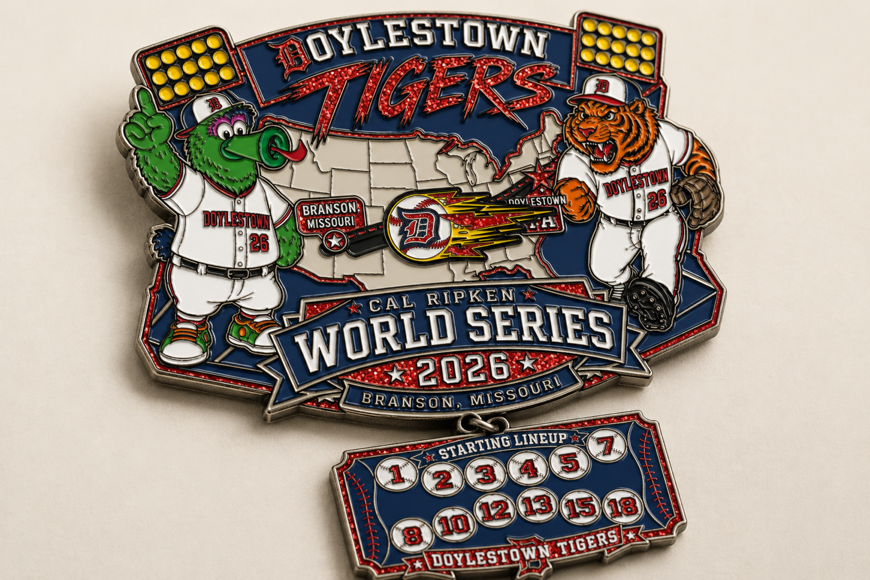 Art-directed visualization of a layered Doylestown Tigers enamel pin with two baseball mascots, stadium lights, a map, a central baseball slider, and a numbered lineup dangle on warm paper.