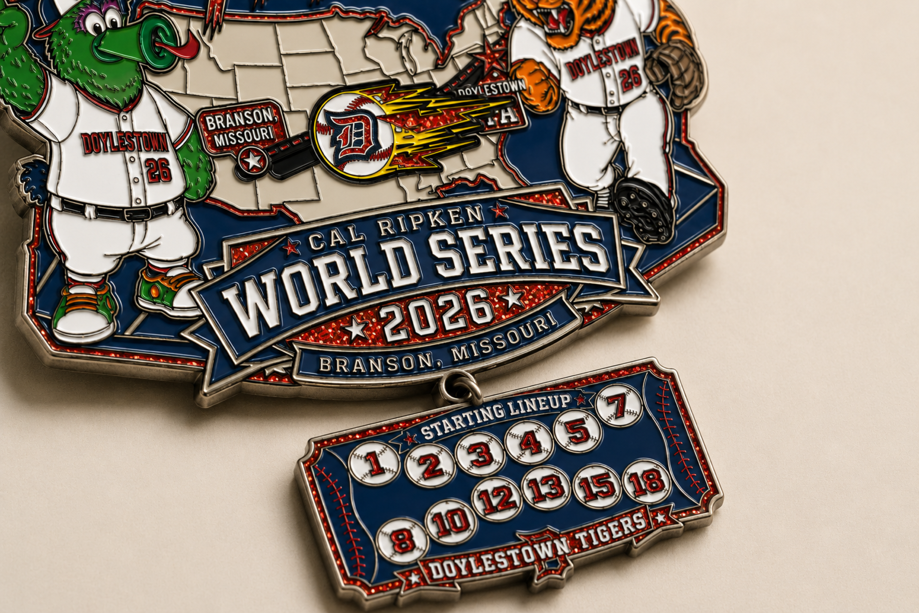 Macro art-directed visualization showing the Doylestown Tigers pin's central baseball slider, raised metal lettering, glitter enamel, and numbered lineup dangle.