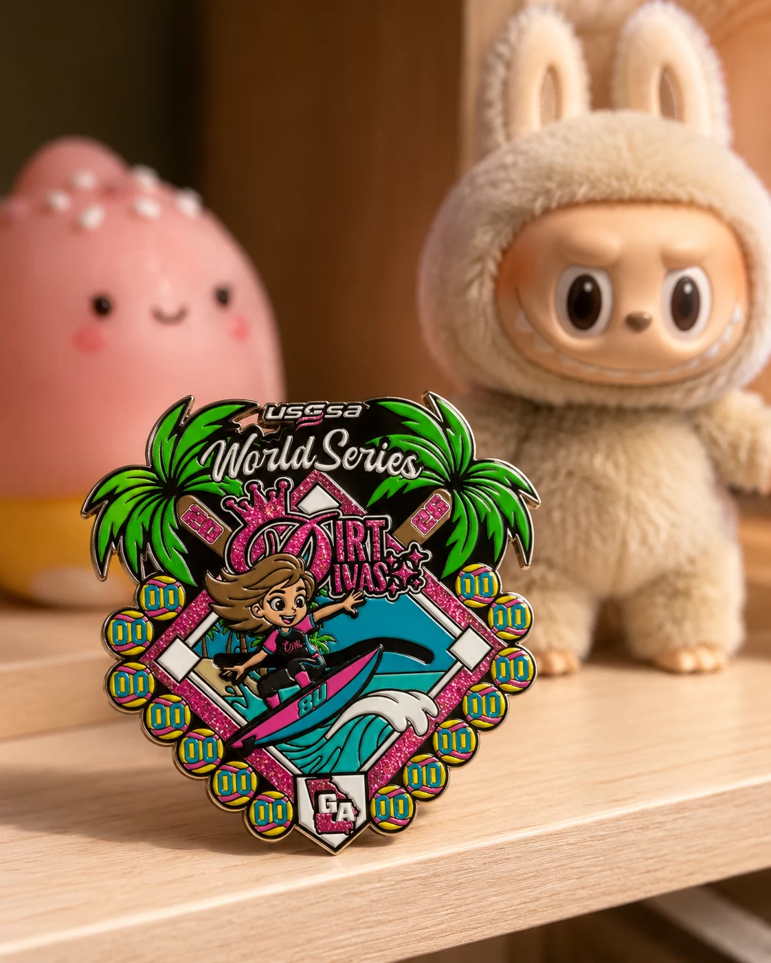 Art-directed lifestyle visualization of a colorful Dirt Divas softball pin displayed among character collectibles.