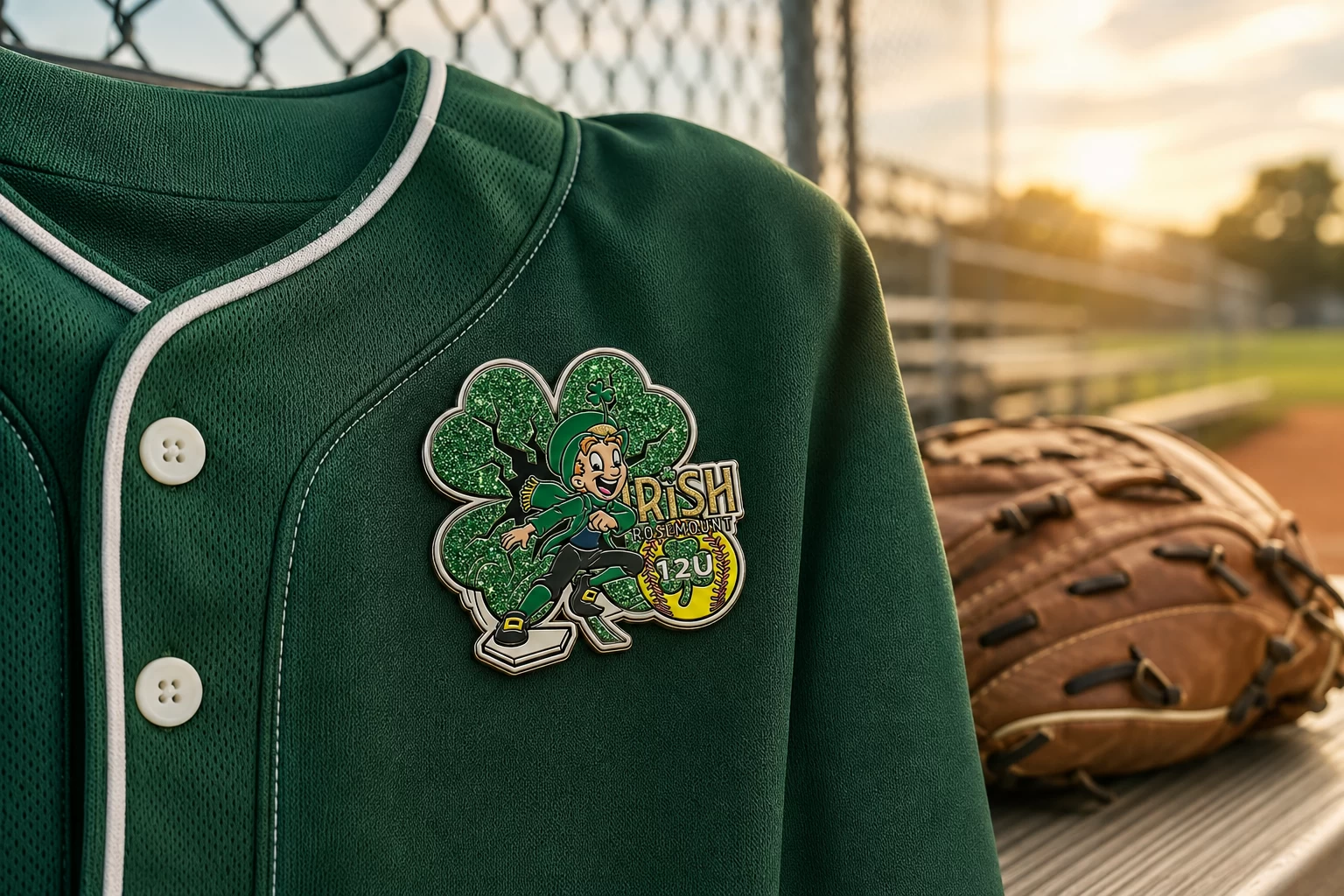 Art-directed lifestyle visualization of a Rosemount Irish softball pin on a green jersey beside a glove at sunset.