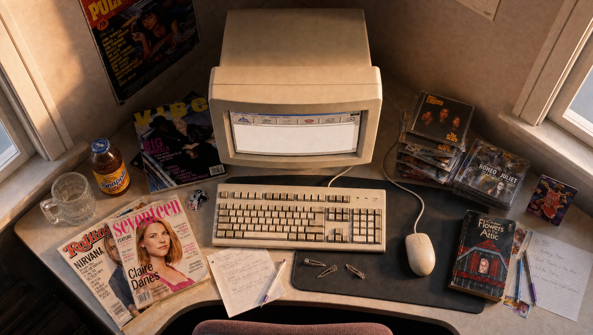 An overhead view of a 1990s-inspired desk and CRT computer.